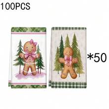 1set/2pcs/100pcs Gingerbread And Christmas Tree Printed Pattern Kitchen Towels And Dishcloths Are Suitable For Interior Decoration In Restaurants, Kitchens, Bathrooms, Party Decoration, And Festival Gifts. They Can Be Given As Presents