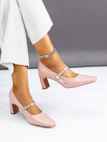 1 Par de Sapatos de Salto Grosso Quadrado de Couro Envernizado Versátil e de Alta Qualidade com Fivela de Pérola, Adequado para Várias Festas e Roupas de Trabalho, Primavera/Outono