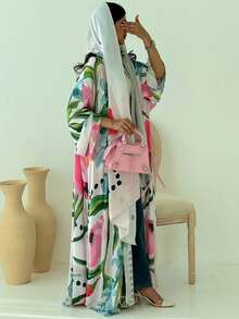 女士长袖印花卡夫坦长袍，梭织面料，时尚宽松两件套，含头巾，白色，春季款 - 白色 - 查看 2
