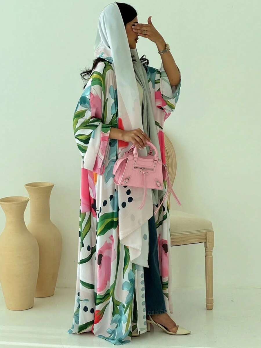 女士长袖印花卡夫坦长袍，梭织面料，时尚宽松两件套，含头巾，白色，春季款