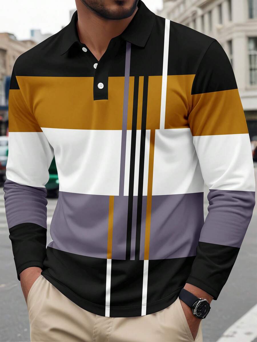 Men's Casual Striped Contrast Color Long Sleeve Polo Shirt, Spring/Autumn