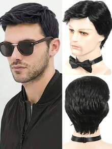 10 Zoll braune und schwarze kurze strukturierte synthetische Perücke für Männer, vielseitig für den Alltag und Halloween-Kostüme, europäischer und amerikanischer Stil kurze Business-Herrenperücke, natürlich flauschiges kurzes Haar, hitzebeständige Faser