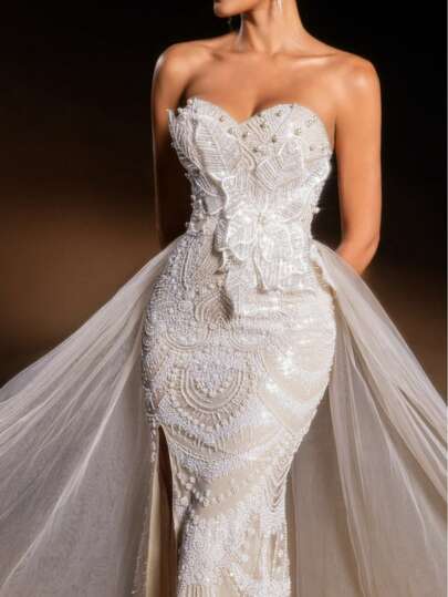 Faeriesty 奢华珠饰美人鱼晚礼服，心形领口，精致花卉刺绣，轻盈薄纱罩衫——是婚礼、红毯活动、晚宴及奢华晚宴等正式场合的理想之选，尽显优雅气质。