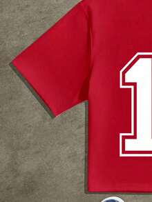 Street Style Loose Cropped 15 Number Colorblock Print Jersey T-Shirt, Suitable For Summer-Comfortable Cotton Vintage Street - Style Washed T - Shirt Top - Đỏ - Xem 3