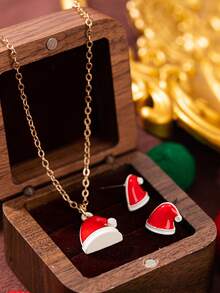 3pcs/Set Fashionable Christmas Santa Hat Pendant Necklace Earrings Set, Suitable For Christmas Decoration And Daily Wear, Christmas Gift For Family And Friends