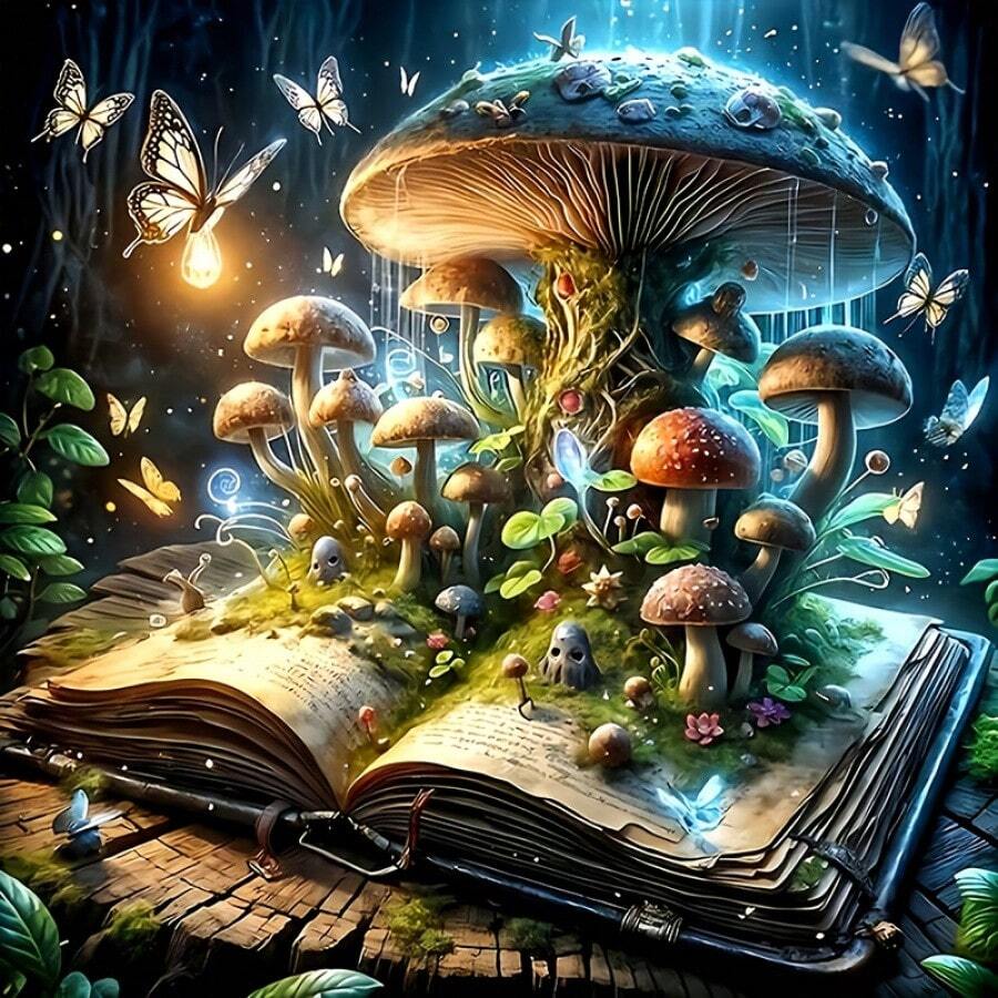 Kit de peinture de diamant 5D - Champignon magique et papillon, ensemble d'art DIY en acrylique (PMMA) rond, décoration murale pour la maison, scène de livre de fantaisie et de jardin, kit d'artisanat de peinture de diamant