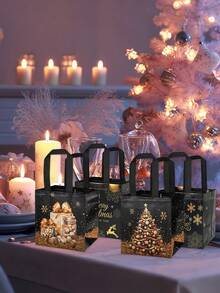8 Stücke Premium elegante Weihnachtsgeschenktüten mit schwarz-goldener Glitzer-Gestaltung, aus goldenem und schwarzem Kraftpapier mit Tragegriff. Verziert mit Weihnachtsmann, Schneeflocken und Weihnachtsbaum-Motiven. Ideal für Weihnachtsgeschenke auf Weihnachtsfeiern. Weihnachtsthema.