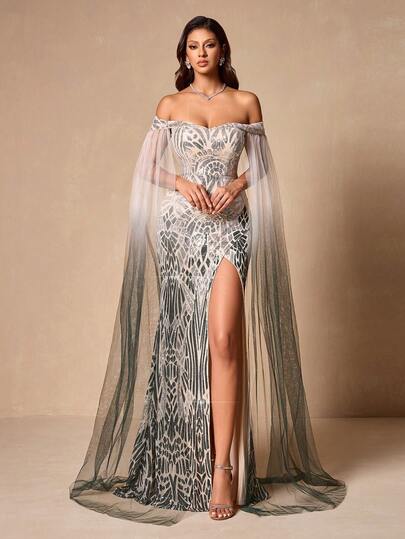 亮片拼接条纹高开衩长裙，网眼袖，露背