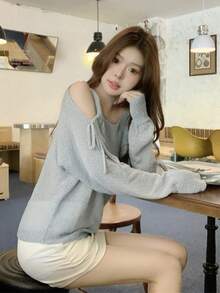 New Arrival Early Autumn Korean Style Off-Shoulder Tie-Up Lightweight Sheer Cover-Up Tops - Grey - View 4