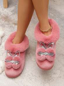 Pantoufles d'intérieur pour femmes, nouvelles bottes courtes à fond épais et fourrure pour l'automne/hiver, bottes tubes chaudes, version coréenne tout-aller 2025 nouvelles bottes courtes en velours chaud pour l'hiver, chaussures femme, décoration tête de chat mignon, tenues de Noël