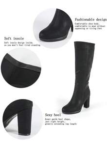 女士厚底过膝长靴，休闲简约长筒靴，适合秋冬季节和派对穿着 - 黑色 - 查看 7