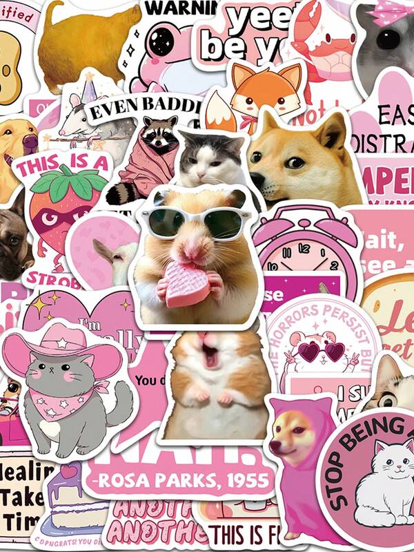 Set de 50 pegatinas de animales de dibujos animados con estilo divertido y rosa, calcomanías decorativas DIY para equipaje, cuaderno, portátil, botella de agua, guitarra, papelería