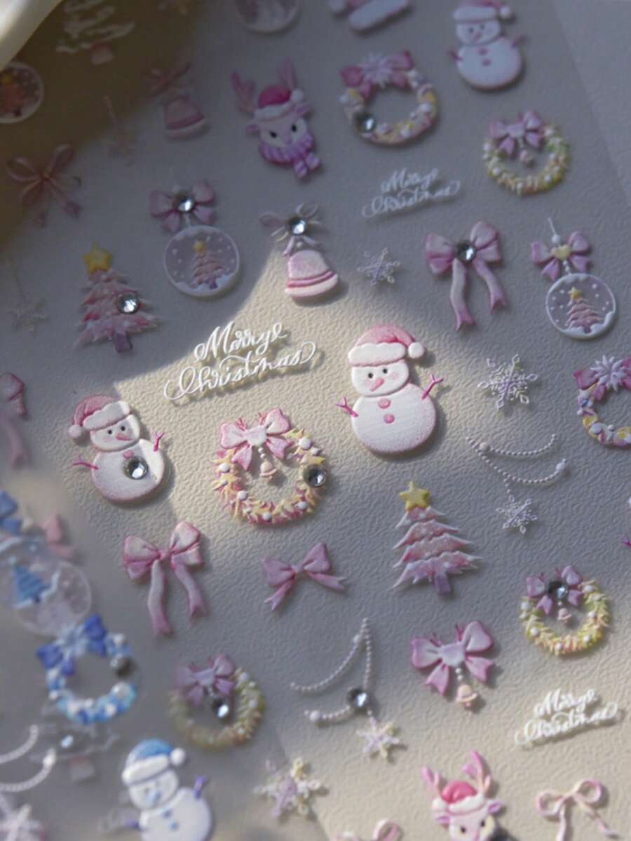 Pegatinas de arte de uñas de Navidad con muñeco de nieve rosa, lazo, árbol, patín de hielo, campana, reno y corona con cristales de strass 5D para decoración festiva de uñas largas y cortas de mujeres en Navidad