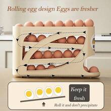 Automatic Rolling Egg Dispenser Organizer For Refrigerator, 4-Tier Space-Saving Egg Holder Tray, Holds 28 Eggs, Durable Plastic Egg Storage Rack For Fridge, Counter, Kitchen Cabinet - Beige - View 3