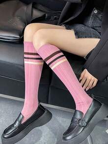 1/3 双装女士粉白条纹过膝袜，时尚甜美修身学院风日常穿着袜，Y2K风格，舒适 - 彩色 - 查看 4