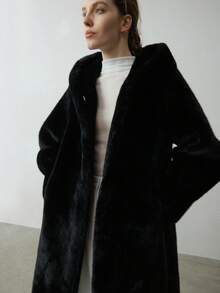 2025新款高端仿貂绒连帽人造皮草大衣，女士长款保暖冬季外套，奢华人造皮草冬季外套，女士冬季外衣，新年、感恩节服装，女士冬季皮草大衣，毛绒外套，人造皮草大衣，女士仿皮草大衣 - 黑色 - 查看 5