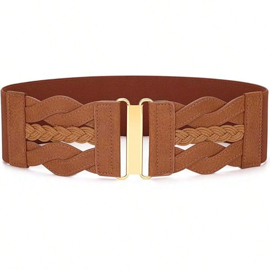 Vintage Stretchy Wide Elastic Belt With Gold Buckle For Women - 棕色 - 查看 1