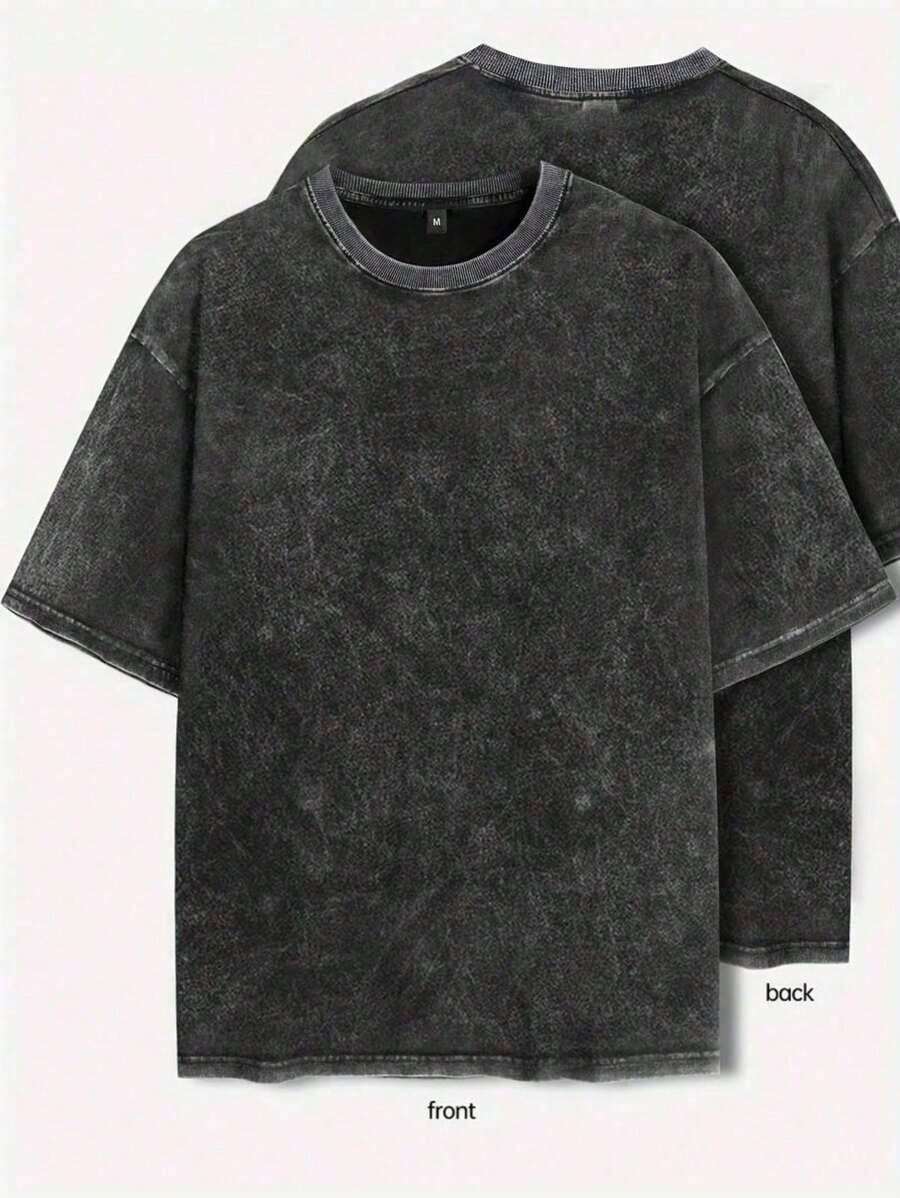 Camiseta de manga corta casual de cuello redondo de unicolor y estilo de los años 2000 para hombres - Negro - Ver 1