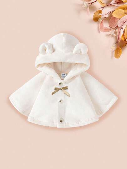 Poncho de piel sintética de marfil, capa con capucha con decoración de orejas de princesa linda, a prueba de viento, para niñas bebés, cárdigan suave y cálido, chaqueta exterior con lazo suelto, cómoda y versátil, para bebés de 0-1-2-3 años, 6-9 meses, adecuada para exteriores, casual, cálida, fiesta, regalo de vacaciones