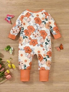 Baby Girl Zipper Front Long Sleeve Romper, Soft Breathable Comfortable Daily Wear, Round Neck Flower Print Jumpsuit, Spring Autumn - trái cam - Xem 2