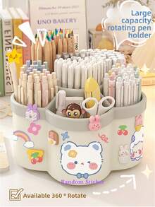 1pc Rotating Pen Holder Organizer, High Capacity, Compartments, Suitable For Student, Children Desk, Creative Pen Rack, Minimalist Design (Random Sticker Pattern)