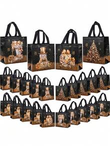 8 Stücke Premium elegante Weihnachtsgeschenktüten mit schwarz-goldener Glitzer-Gestaltung, aus goldenem und schwarzem Kraftpapier mit Tragegriff. Verziert mit Weihnachtsmann, Schneeflocken und Weihnachtsbaum-Motiven. Ideal für Weihnachtsgeschenke auf Weihnachtsfeiern. Weihnachtsthema.