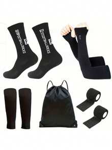 1 Set: Soccer Mid-Calf Leg Warmers + Sun Protection Arm Sleeves + Protective Leg Sleeves + Sports Suspenders + Drawstring Backpack, Professional Non-Slip Leg Warmers For Men & Women, Suitable For Ball Sports, Running, Outdoor Activities