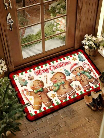 1pc 16"X24" / 20"X31" / 16"X47" Christmas Decorative Doormat, Christmas Gingerbread Man Welcome Mat, Plaid Decor Style, Suitable For Christmas Winter Home Decor, Entryway, Patio, Holiday Decoration