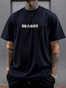 Men's Dragon Letter Print Casual Versatile Short Sleeve T-Shirt - 黑色 - 查看 12