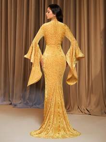 LOVE&LEMONADE Yellow Long Sleeve Flared Cuff Mandarin Collar Floor-Length Evening Gown