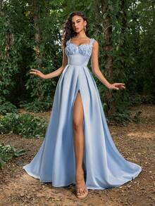 Vestidos de fiesta formales para mujeres Faeriesty: Vestido de noche de satén con detalles de aplicaciones florales, diseño de lazo en la espalda, falda de línea A con abertura alta - Perfecto para fiestas en el jardín, recepciones de bodas, cenas al aire libre y tardes de té