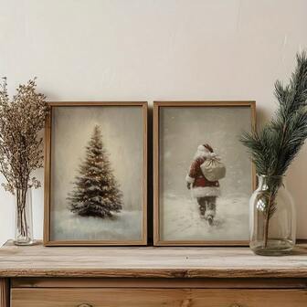 2pcs Frameless Christmas Wall Art Set - Vintage Santa Claus & Snowy Tree Canvas Prints, Holiday Winter Scene Decor For Living Room, Bedroom, Or Study, Ideal Home Gift, Christmas Decorations
