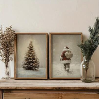 2pcs Frameless Christmas Wall Art - Vintage Santa Claus & Snowy Tree Canvas Painting, Holiday Winter Scene Decor, Suitable For Living Room, Bedroom Or Study, Ideal Home Gift, Christmas Decoration