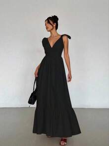 Maxi Vestido de Tirantes Ajustable con Escote en V o Pico Profundo, con Volante en el Bajo Casual para Mujer - Negro - Ver 2