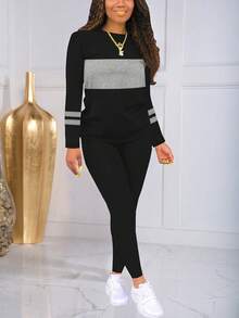 Striped Colorblock Print Long Sleeve Sports Suit, Sweatshirt And Sweatpants Set Black Spring - Black - View 3