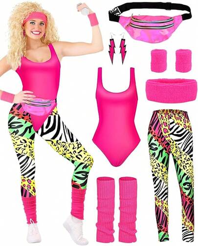 80s Costume Women's Costume 80s Tracksuit Leotard Leggings Headband Armbands Leg Warmers Earrings Belt Bag 80s Leotard Outfit For The 80s And 90s