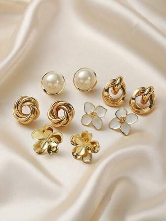 Set de 5 piezas de aretes de flor geométrica con textura de metal vintage, con perla falsa, diseño minimalista francés único, accesorios de moda versátiles para uso diario y festivo de mujeres