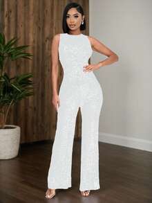 女式无袖亮片阔腿连体衣长款连体裤高弹力派对装，带拉链 - 白色 - 查看 1
