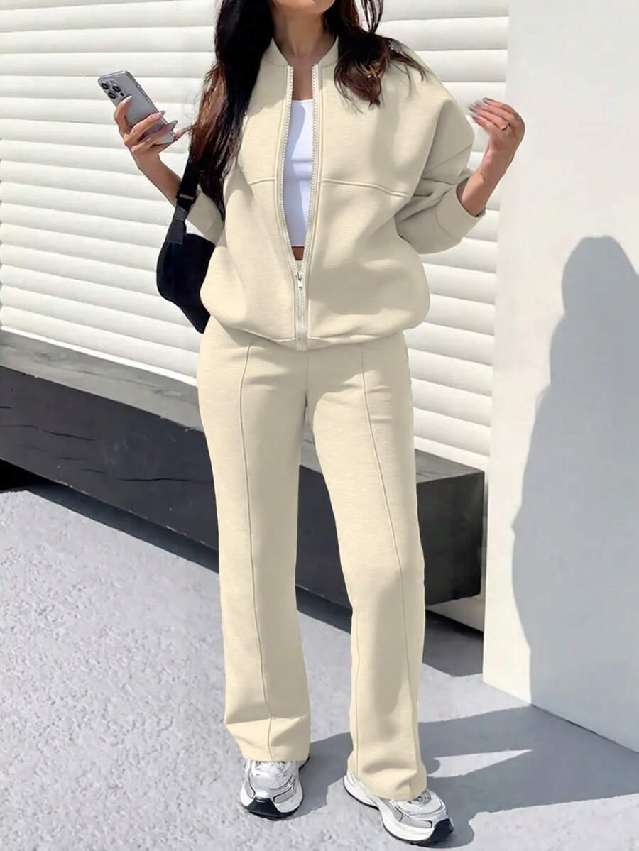 2pcs Set: Solid Color Minimalist Hoodie Jacket Top And Straight Leg Pants, Fashion Outfit For Spring, Autumn, Winter