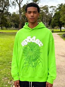 Men's Oversized Hip Hop Spider Web Pattern Graphic Alphabet Print Harajuku Vintage Hoodie Long Sleeve Street Wear Top For Both Men And Women - 綠色 - 查看 2