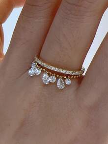 rakol 2pcs Fashion Galaxy Teardrop Cubic Zirconia Tassel Stacking Rings