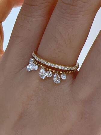 rakol 2pcs Fashion Galaxy Teardrop Cubic Zirconia Tassel Stacking Rings