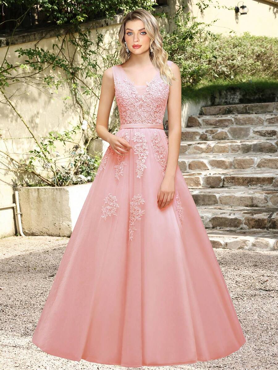 Babyonlinedress Elegant Romantic Tulle Beaded Prom Dresses For Women Lace Applique Formal Evening Dresses Backless A-Line Puffy Ball Gown Wedding Party Graduation Party Wedding, Bridesmaid, Pegeant, Familiy Gathering, Festivals, Birthday Party Graduation, Canding, Dinner, Holiday - 淺粉色 - 查看 1