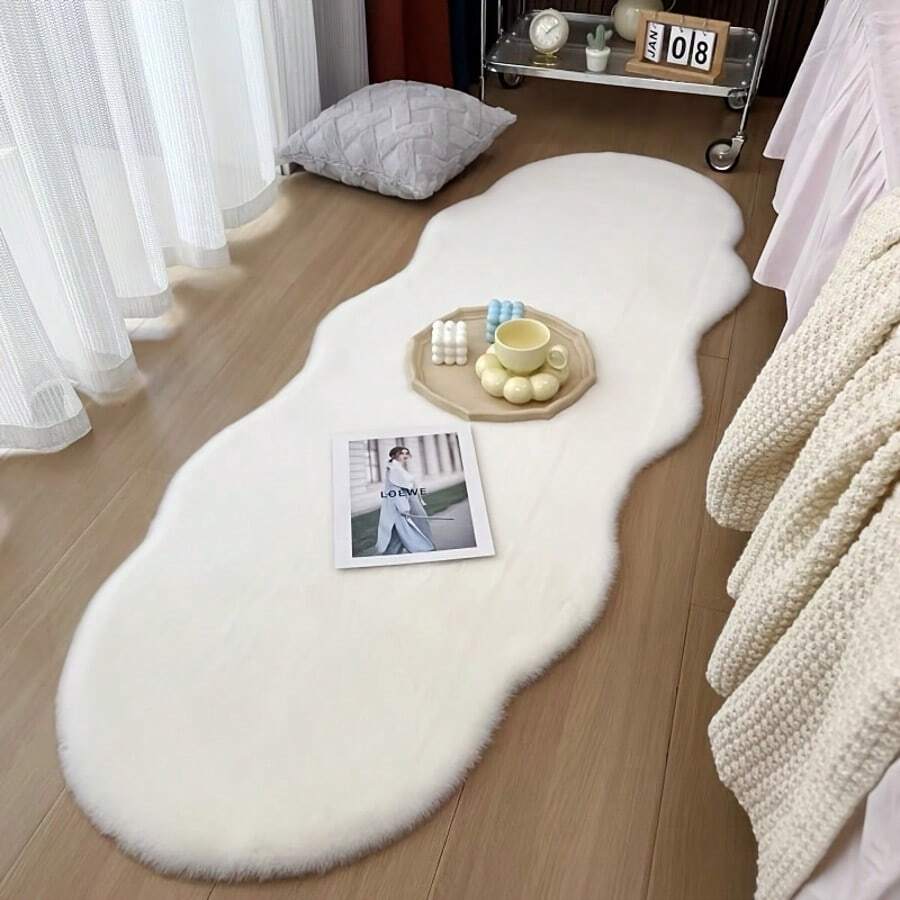 Cream White Plush Throw Pillow - 60*90cm And 60*180cm Soft Faux Fur Texture Bedside And Floor Mat, Machine Washable