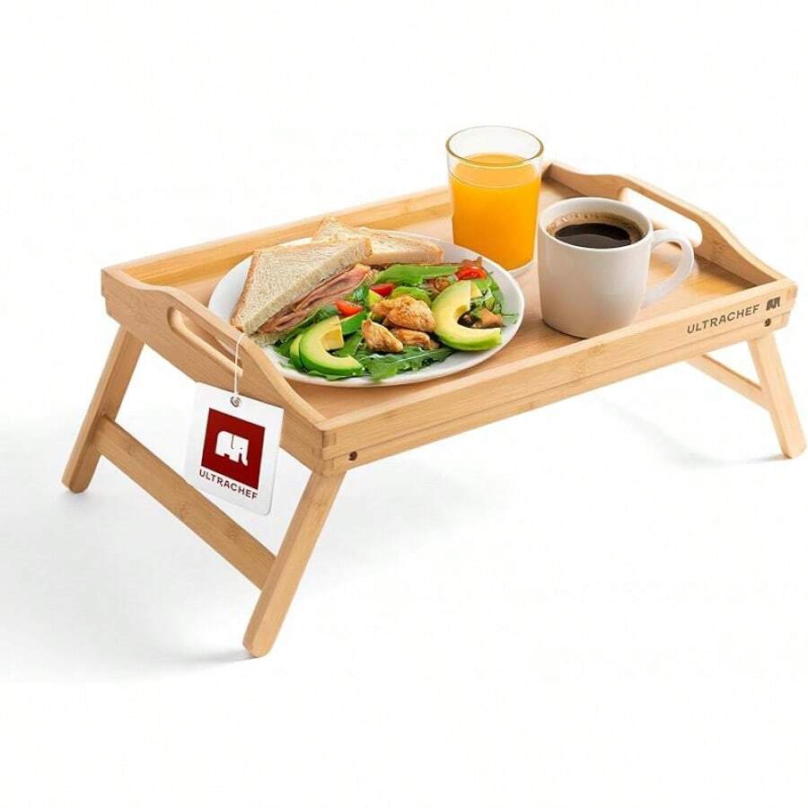 Mesa para Cama de Bambú con Patas Plegables |   Charola de Servicio Multifuncional con Asas Portátil |   Bandeja para Desayunar, Leer o Trabajar |   Medidas: 45cm X 31cm - 17,7" x 12,2" x 7,5" - Ver 1