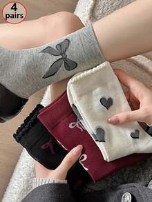 4 双秋冬流行 Anko 蕾丝蝴蝶结中筒袜，甜美百搭休闲袜 - 彩色 - 查看 8