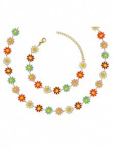 3pcs/Set Necklace, Bracelet, Earrings. Colorful Dopamine Daisy Necklace, Countryside Floral Choker Necklace For Women, Handmade Adjustable Flower Chain Bracelet With Random Flower Color Arrangement