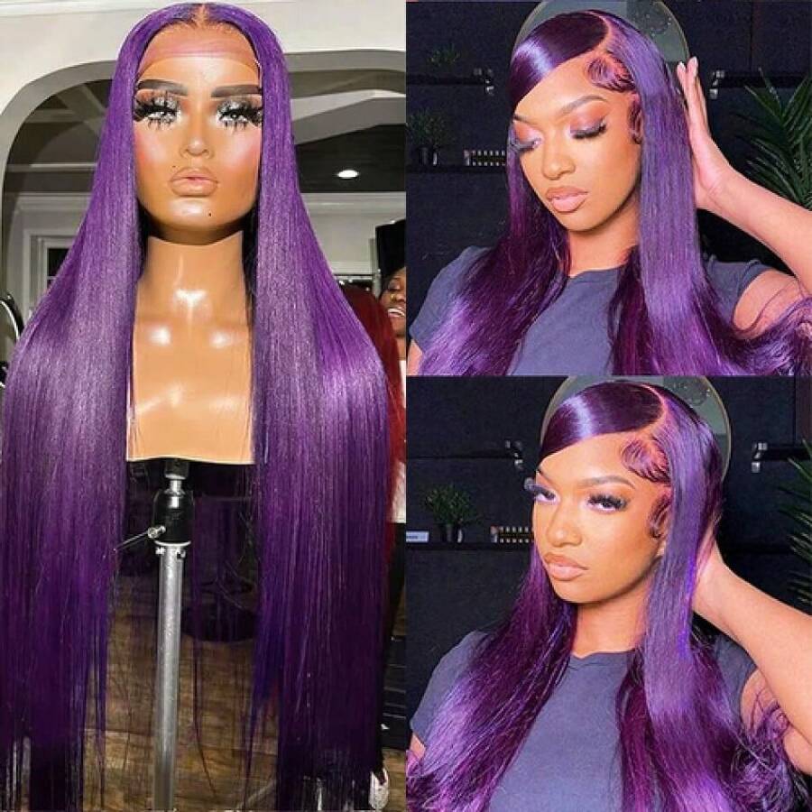 Aubree Glueless Lace Front Wig - Dark Violet Purple Silky Straight Synthetic Hair | Heat Resistant, Pre Plucked  Hairline | Ready-To-Wear For ,21680692 - 紫色 - 查看 1