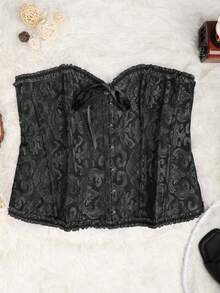 Blazique Plus Size Gothic Style Jacquard Print Lace-Up Eyelet Front Ruffle Backless Bustier Corset Black Summer - Black - View 5