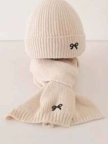 2 Pieces Boys' And Girls' Winter Knit Hat And Scarf Set – Featuring Adorable Bow Embroidery, Soft And Warm, Perfect For Winter Wear; Ideal Holiday Gift Set For Girls And Boys; Includes Matching Hat And Scarf, Suitable For Cold Weather And Casual Wear; Perfect Christmas And New Year Accessory. - Multicolor - View 4